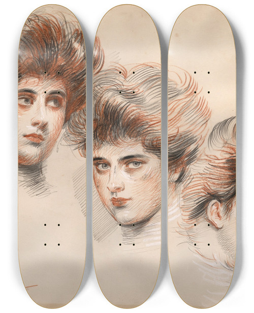 Triptych art skateboard deck of Paul Csar Helleu Portrait Dyvonne Avolle De Face De Profil Droite Et Gauche by Paul Cesar Helleu (1859-1927)