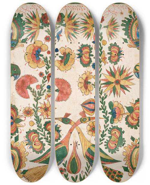 Triptych art skateboard deck of Johann Heinrich Otto Fraktur by Johann Heinrich Otto (1733-1800)