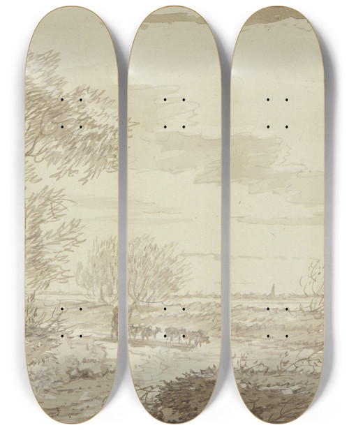 Triptych art skateboard deck of Gerard Van Nijmegen Landschaft Mit Fernsicht Links Bume Auf Dem Weg Eine Schafherde by Gerard Van Nijmegen (1735-1808)