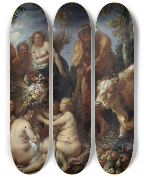 Triptych art skateboard deck of Jacob Jordaens Achelous Defeated By Hercules The Origin Of The Cornucopia Allegory Of Fruitfulness by Jacob Jordaens (1593-1678)