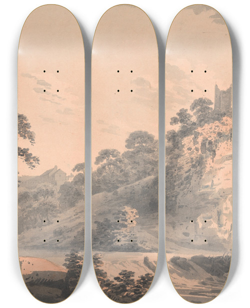 Triptych art skateboard deck of William Gilpin Knaresborough Castle Yorkshire by William Gilpin (1724-1804)