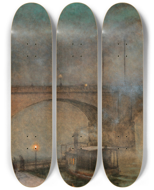 Triptych art skateboard deck of Jakub Schikaneder Prague A Steamboat On The River Vltava In Front Of Palacky Bridge by Jakub Schikaneder (1835-1924)
