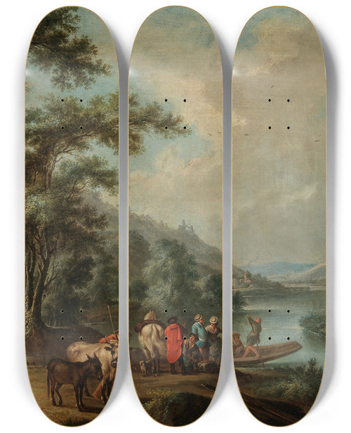 Triptych art skateboard deck of Christian Georg Schtz The Elder A Rhine Landscape With A Ferry Near Bonn With The Rolandsbogen Drachenfels And The Island Of Nonnenwerth Beyond by Christian Georg Schtz the elder (1718-1791)