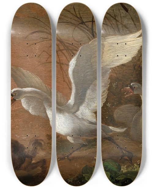 Triptych art skateboard deck of Abraham Hondius A Swan Attacking A Dog by Abraham Hondius (1625-1695)