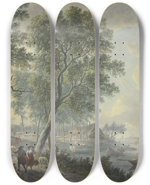 Triptych art skateboard deck of Abraham Teerlink Links Begegnet Ein Schafhirte Einem Milchmdchen Rechts In Einem Kahn Drei Fischer Und Einer In Uniform Hinter Einem Weidenbaum by Abraham Teerlink (1776-1857)