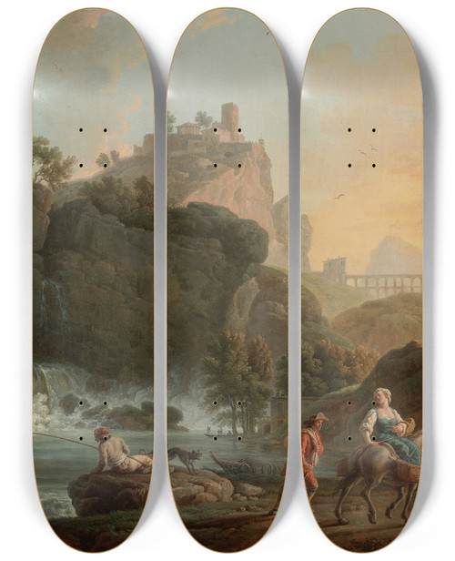 Triptych art skateboard deck of Claudejoseph Vernet A Rocky Landscape With Afisherman And Travellers By A River With A Waterfall An Aqueduct In The Distance by Claude Joseph Vernet (1714-1789)