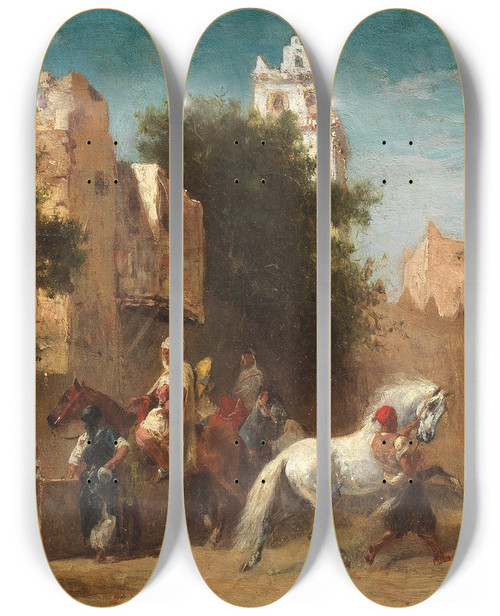 Triptych art skateboard deck of Georges Washington A Halt At The City Walls by Georges Washington (1827-1901)