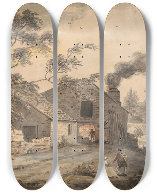 Triptych art skateboard deck of Paul Sandby Iron Forge On The River Kent Westmorland by Paul Sandby (1731-1809)