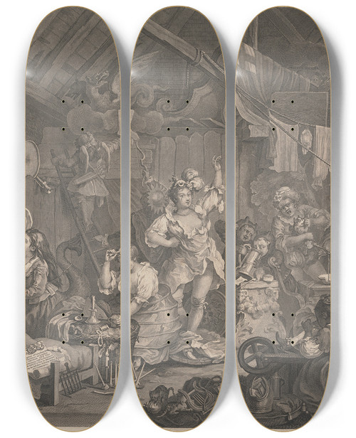 Triptych art skateboard deck of William Hogarth Strolling Actresses Dressing In A Barn by William Hogarth (1697-1764)