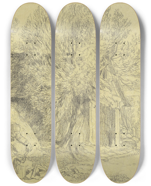 Triptych art skateboard deck of Wilhelm Altheim Bauer Vor Seinem Hause Holz Hackend by Wilhelm Altheim (1871-1914)