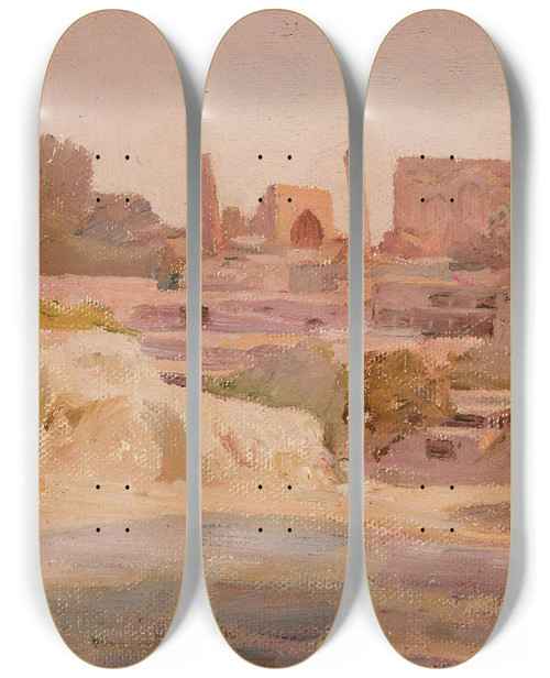 Triptych art skateboard deck of Jan Cigliski Samarkand Overall View From The Journey To Turkestan by Jan Ciaglinski (1858-1913)