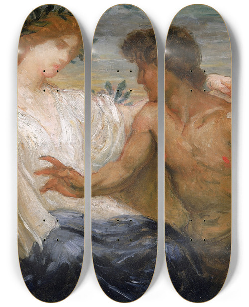 Triptych art skateboard deck of Kenyon Cox Study For Science Instructing Industry by Kenyon Cox (1856-1919)