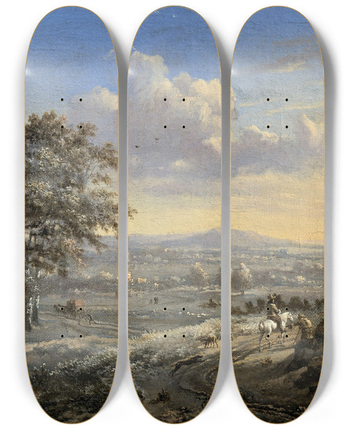 Triptych art skateboard deck of Jan Wijnants Hilly Landscape With A Rider On A Country Road by Jan Wijnants (1632-1684)