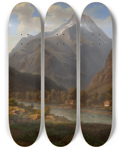 Triptych art skateboard deck of Jakob Christoph Miville View Of The Bristenstock Close To Altdorf by Jakob Christoph Miville (1786-1836)