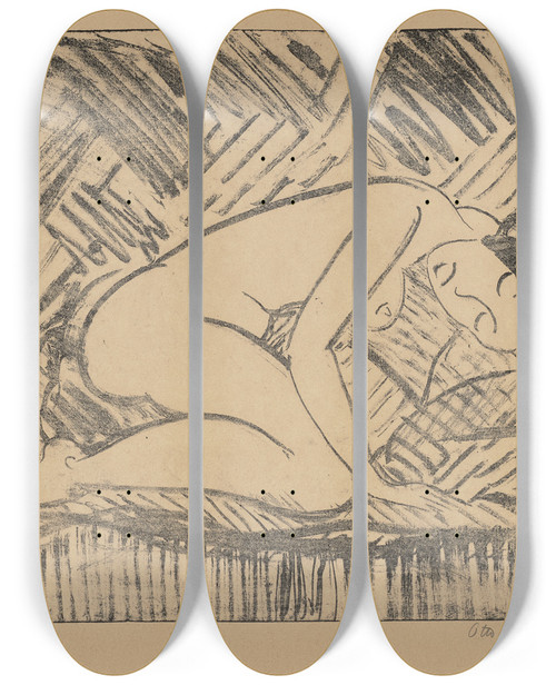 Triptych art skateboard deck of Otto Mueller Kauernde Auf Sofa by Otto Mueller (1874-1930)