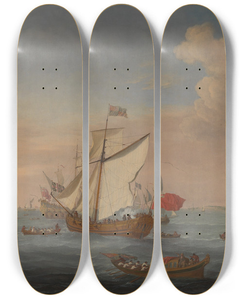 Triptych art skateboard deck of Isaac Sailmaker Ships In The Thames Estuary Near Sheerness by Isaac Sailmaker (1633-1721)