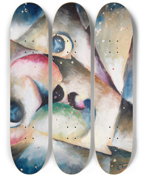 Triptych art skateboard deck of Arnold Topp Schlafende Gestalten In Nchtlicher Gebirgslandschaft by Arnold Topp (1887-1945)