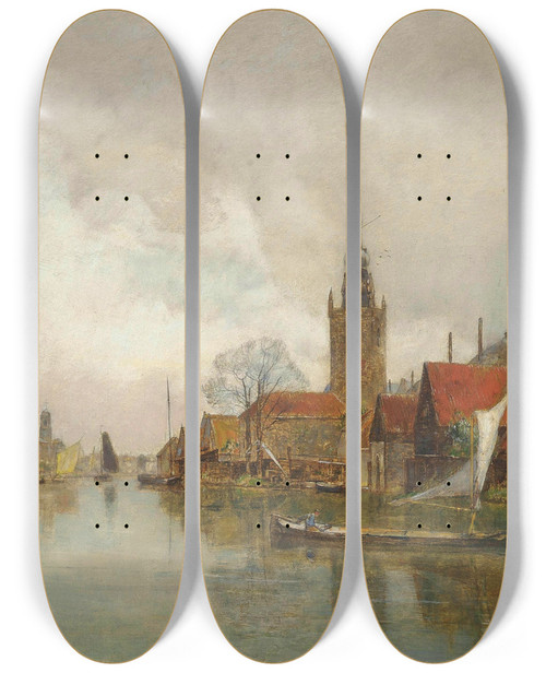 Triptych art skateboard deck of Rudolf Ribarz Vessels On The Schie In Overschie In The Municipality Of Rotterdam by Rudolf Ribarz (1848-1904)