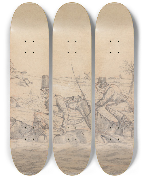 Triptych art skateboard deck of Henry Thomas Alken Sporting Notions I Had No Notion Of The Comforts Of Hunting By Water by Henry Thomas Alken (1785-1851)