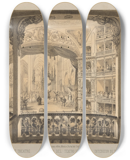 Triptych art skateboard deck of Casimiro Castro Interior Del Teatro Iturbide by Casimiro Castro (1826-1889)