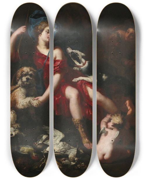 Triptych art skateboard deck of Lucas Franchoys The Younger Diana Resting With Her Hunting Dogs And Putti by Lucas Franchoys The Younger (1616-1681)