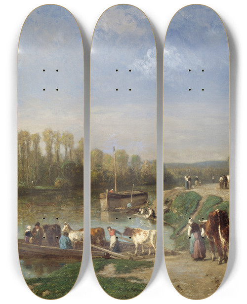 Triptych art skateboard deck of Constant Troyon The Ferry Crossing by Constant Troyon (1810-1865)