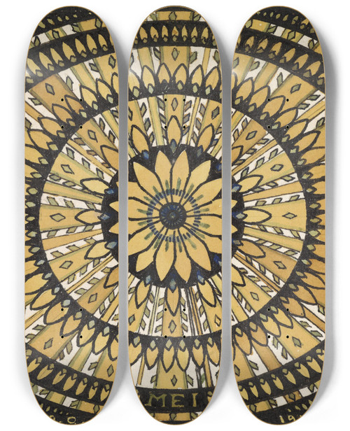 Triptych art skateboard deck of Julie De Graag De Maand Mei Rozet Met Gestileerde Bladen by Julie de Graag (1877-1924)