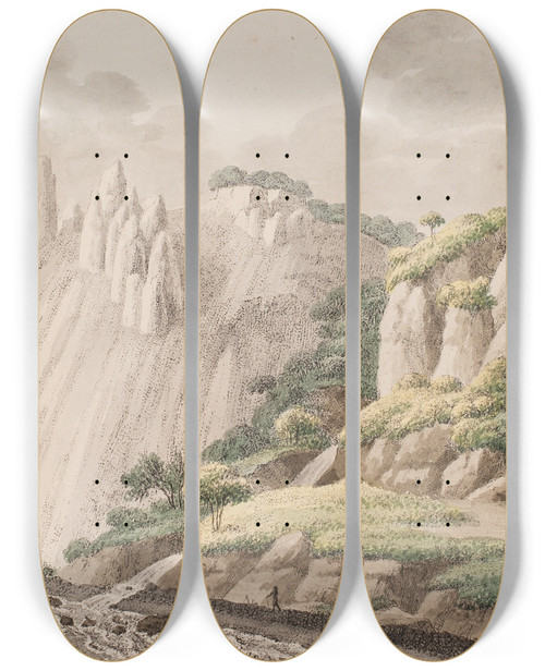 Triptych art skateboard deck of Sren L Lange Den Del Af Mns Kridtbjerge Som Man Kalder Sommerspiret Taget Fra Strandbredden by Soren L Lange (1760-1828)