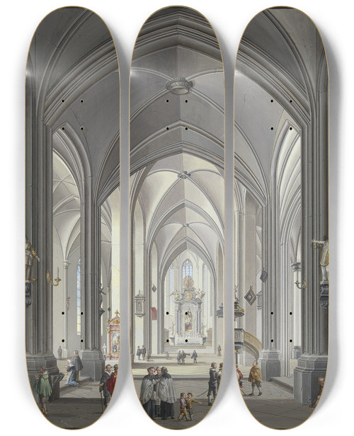Triptych art skateboard deck of Johann Ludwig Ernst Morgenstern Blick In Das Innere Einer Gotischen Hallenkirche Mit Vielen Staffagefiguren In Der Tracht Des 17 Jahrhunderts Links Liest Ein Priester Die Messe 1790 by Johann Ludwig Ernst Morgenstern (1738-1819)
