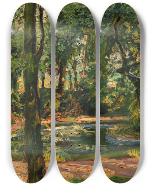 Triptych art skateboard deck of Max Slevogt Kinder Am Weiher Garten In Godramstein by Max Slevogt (1868-1932)