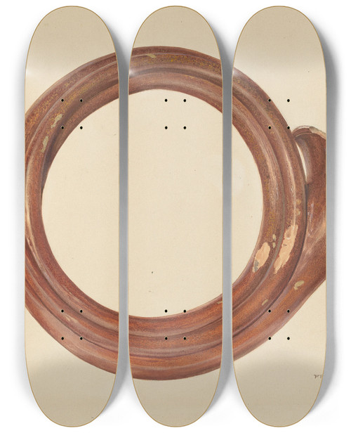 Triptych art skateboard deck of Fritz Boehmer Zoar Pottery Assembly Horn by Fritz Boehmer