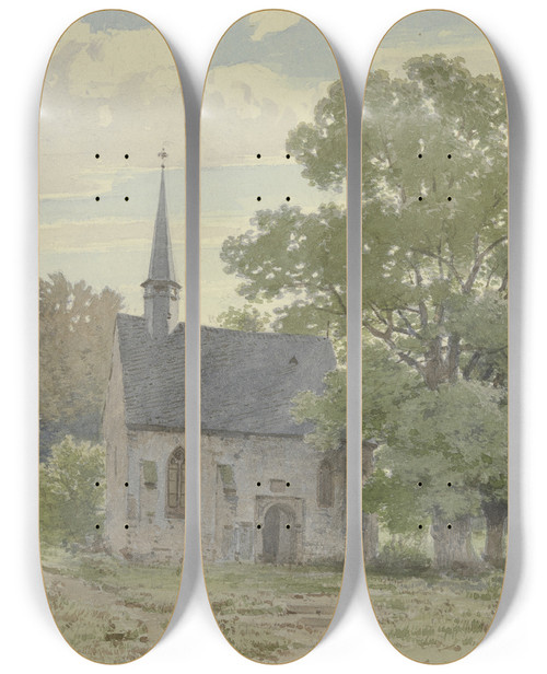 Triptych art skateboard deck of Carl Theodor Reiffenstein Chapel Near Ockstadt by Carl Theodor Reiffenstein (1820-1893)