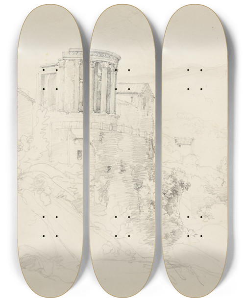 Triptych art skateboard deck of Jacquesraymond Brascassat Temple Antique Et Maisons Tivoli by Jacques Raymond Brascassat (1804-1867)