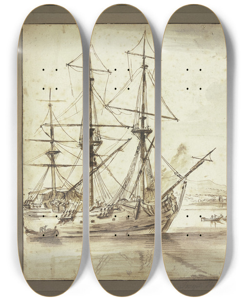 Triptych art skateboard deck of Joseph Vernet Marine Links Ein Dreimaster Rechts Ein Leuchtturm by Joseph Vernet