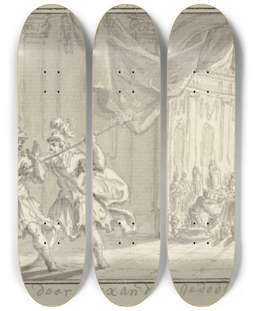 Triptych art skateboard deck of Simon Fokke Alexander Erschlgt Kleitos by Simon Fokke (1712-1784)