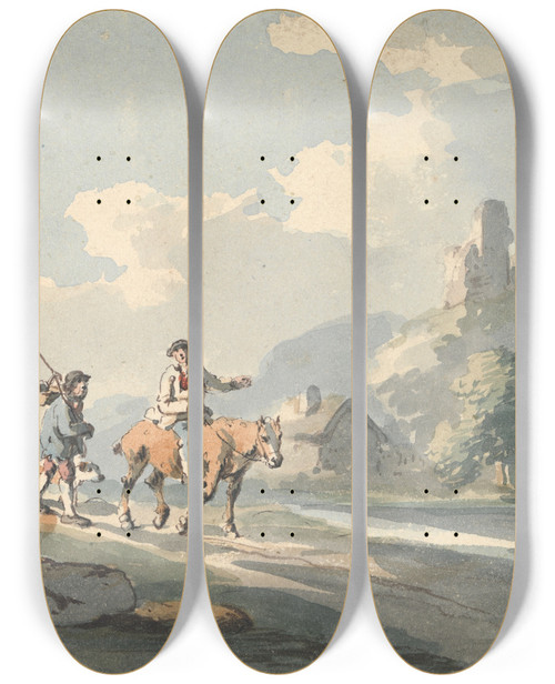Triptych art skateboard deck of Peter La Cave Composition Two Travellers And A Dog On A Road Passing Cottages With Ruins On A Hill by Peter La Cave