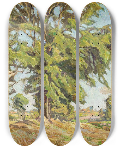 Triptych art skateboard deck of Nikolai Alexandrovich Tarkhov Tree Outside The Village by Nikolai Alexandrovich Tarkhov (1871-1930)