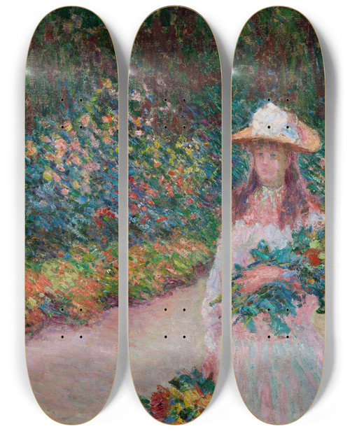 Triptych art skateboard deck of Claude Monet Jeune Fille Dans Le Jardin De Giverny by Claude Monet (1840-1926)