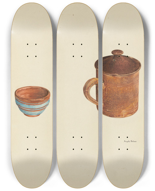 Triptych art skateboard deck of Angelo Bulone Zoar Dish And Coffee And Cider Cup W Lid by Angelo Bulone