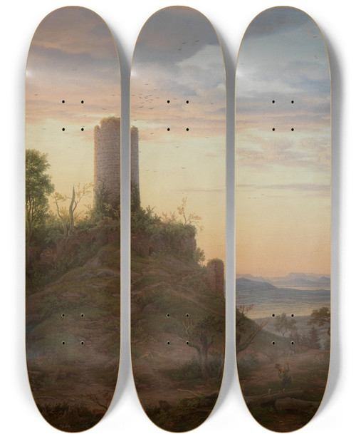 Triptych art skateboard deck of Friedrich Helmsdorf Burgruine Zhringen Bei Freiburg by Friedrich Helmsdorf (1783-1852)