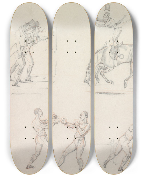 Triptych art skateboard deck of Henry Thomas Alken Symptoms Of Taking Lessons Of Having Had Enough Of Earnest Of Fun by Henry Thomas Alken (1785-1851)