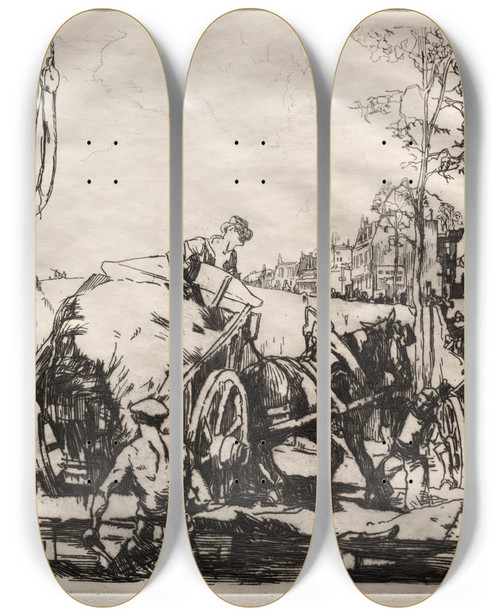 Triptych art skateboard deck of Frank Wilcox Port At Low Tide by Frank Wilcox (1887-1964)