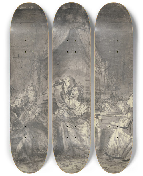 Triptych art skateboard deck of Johann Eleazar Schenau Kammermusik Neben Einer Spinettspielerin Steht Ein Fltist Links Ein Singendes Paar Und Eine Zuhrergruppe by Johann Eleazar Schenau (1737-1806)