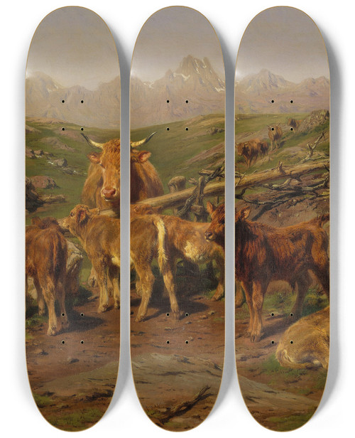 Triptych art skateboard deck of Rosa Bonheur Weaning The Calves by Rosa Bonheur (1822-1899)