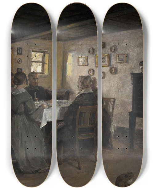 Triptych art skateboard deck of P C Skovgaard The Artists Friends And Family Seated Round A Table Vejby North Zealand by P C Skovgaard (1817-1875)