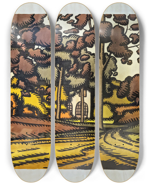 Triptych art skateboard deck of Georges Gaudion House Behind The Trees by Georges Gaudion (1885-1942)