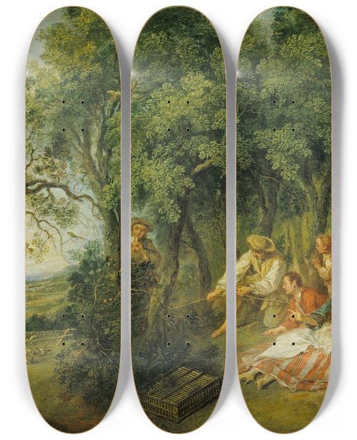 Triptych art skateboard deck of Nicolas Lancret The Bird Catchers by Nicolas Lancret (1690-1743)
