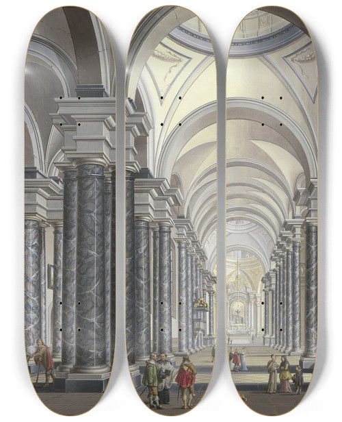 Triptych art skateboard deck of Johann Ludwig Ernst Morgenstern Blick In Das Innere Einer Barockkirche Mit Schwarzen Marmorsulen Und Staffagefiguren In Der Tracht Des 17 Jahrhunderts 1790 by Johann Ludwig Ernst Morgenstern (1738-1819)