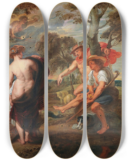 Triptych art skateboard deck of Follower Of Peter Paul Rubens The Judgement Of Paris by Follower Of Peter Paul Rubens (1577-1640)