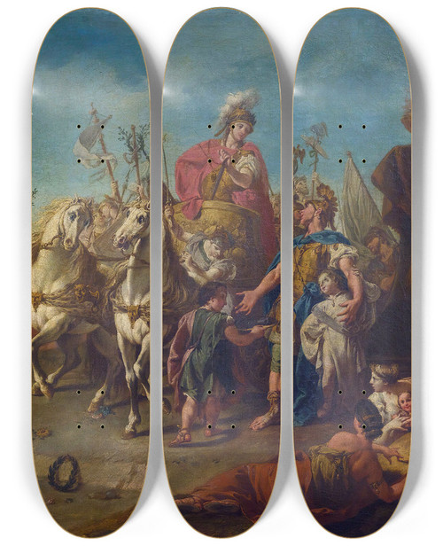 Triptych art skateboard deck of Giovanni Battista Pittoni Alexander Triumphant In Babylon by Giovanni Battista Pittoni (1687-1767)